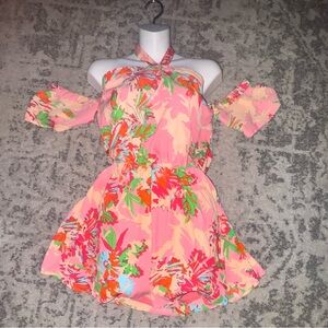 GB Pink Multicolor Floral Halter Romper Size Small Off shoulder Sleeve